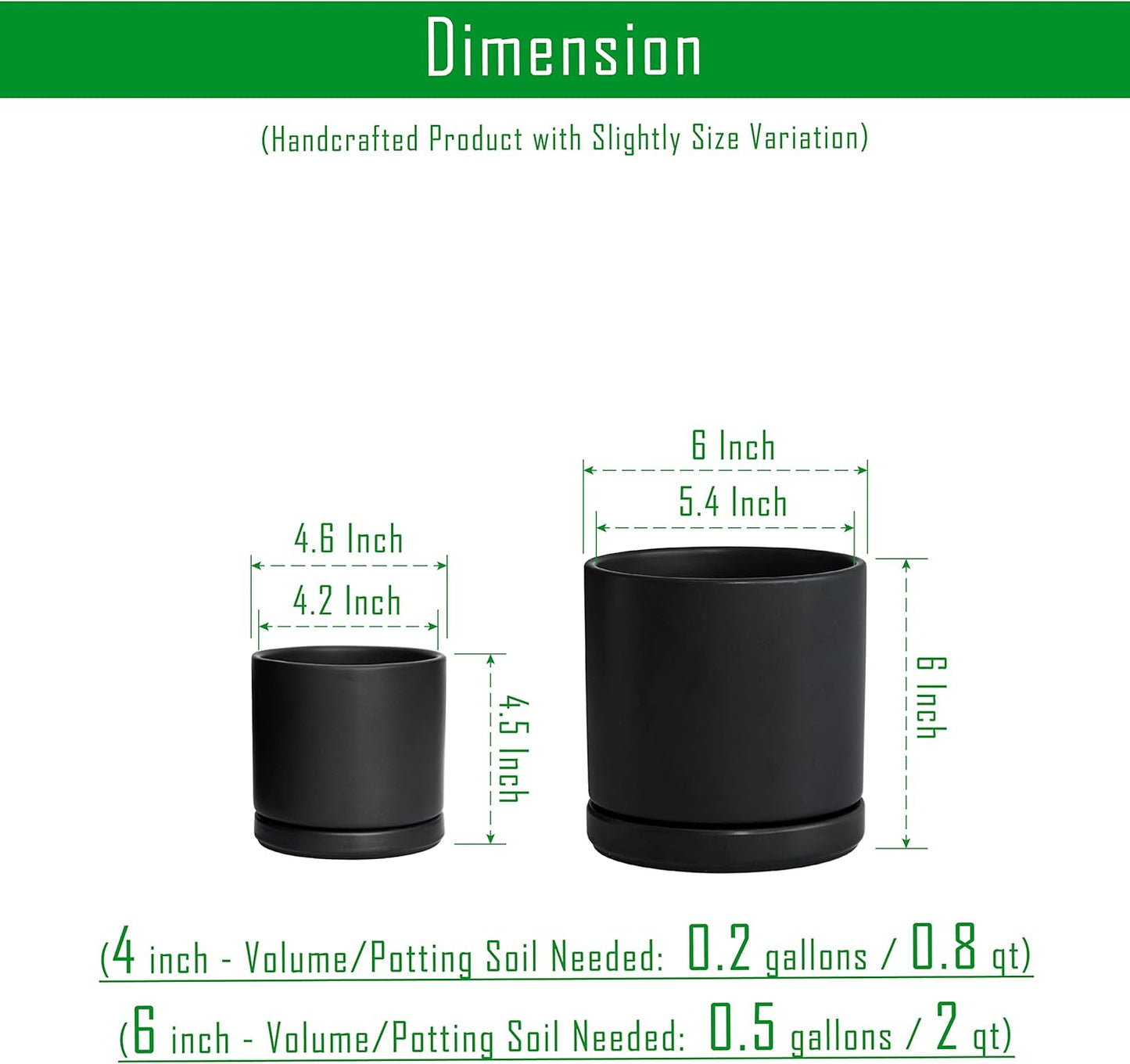 D'vine Dev 4.6 Inch & 6 Inch Ceramic Planter Pots for Plants with Drainage Hole and Saucer, Small Plant Pots Set, Black, 94-G-S-2