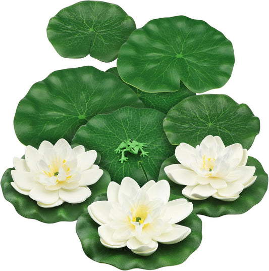 10pcs Artificial Floating Foam Lotus Flowers with Artificial Frog Lotus Leaves, Lily Pads for Lake, Pond Plants Ornaments for Pool Aquarium Water Decoration, White