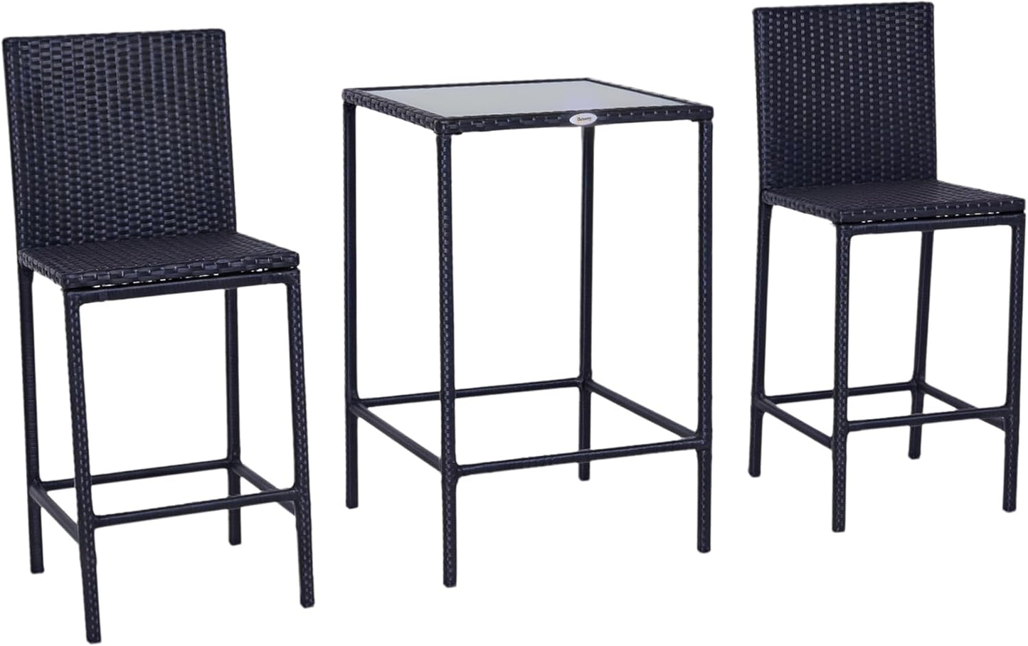 Outsunny 3pcs Rattan Bar Set with Glass Top Table, 2 Bar Stools for Outdoor, Patio, Garden, Poolside, Backyard
