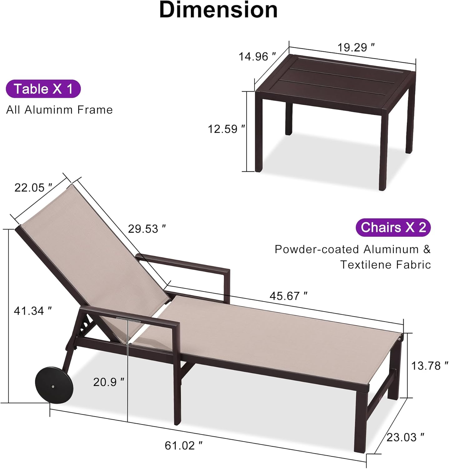 PURPLE LEAF Pool Lounge Chairs Set of 3 Aluminum Outdoor Lounge Chairs with Wheels and Armrests Adjustable Patio for Deck Outside Lawn Garden, Sand Beige