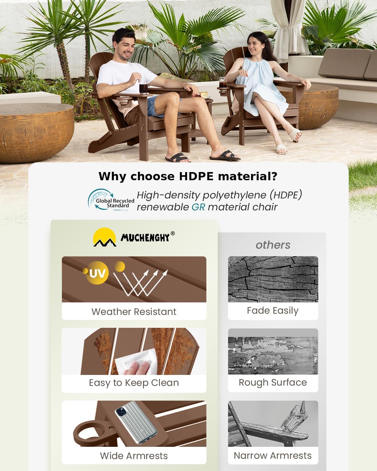 MUCHENGHY Folding Adirondack Chairs, Patio Chairs, Lawn Chairs, Outdoor Chair, Adirondack Chair Plastic, Fire Pit, Weather Resistant with Cup Holder for Deck, Backyard, Garden(Brown)