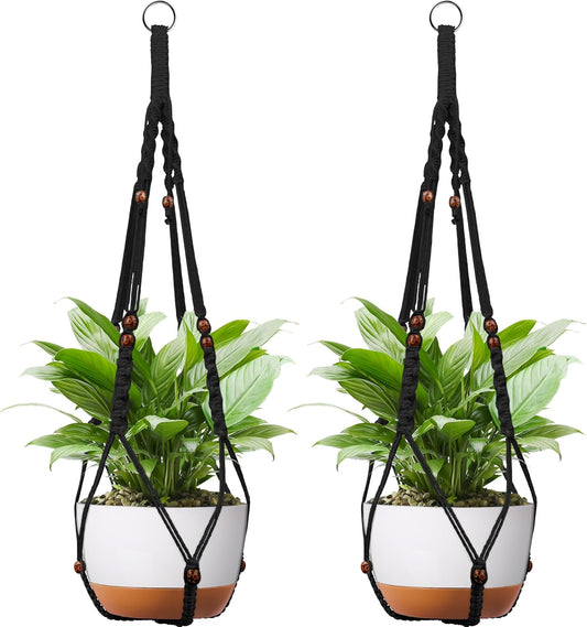 43 Inch Macrame Plant Hanger - Fits 6-15 Inch Pots, Extra Long Hanging Planter Holder for Indoor Outdoor, with Red Wood Beads, Boho Home Decor, 2 Pack, Black (POTS NOT Included)