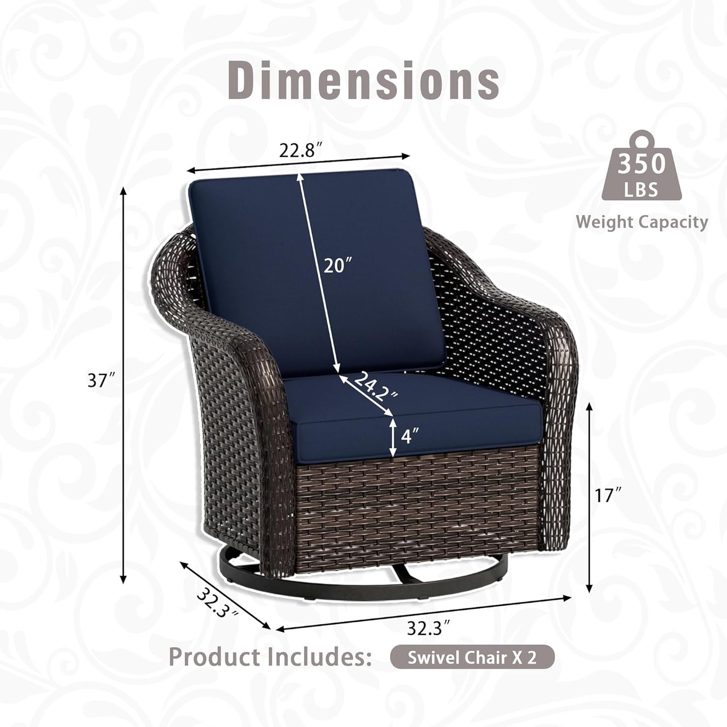 Outdoor Wicker Swivel Chair Set of 2, All-Weather Use Patio Rattan Chair with Seat and Back Cushion, Ideal for Porch, Backyard, Balcony, Poolside, Blue