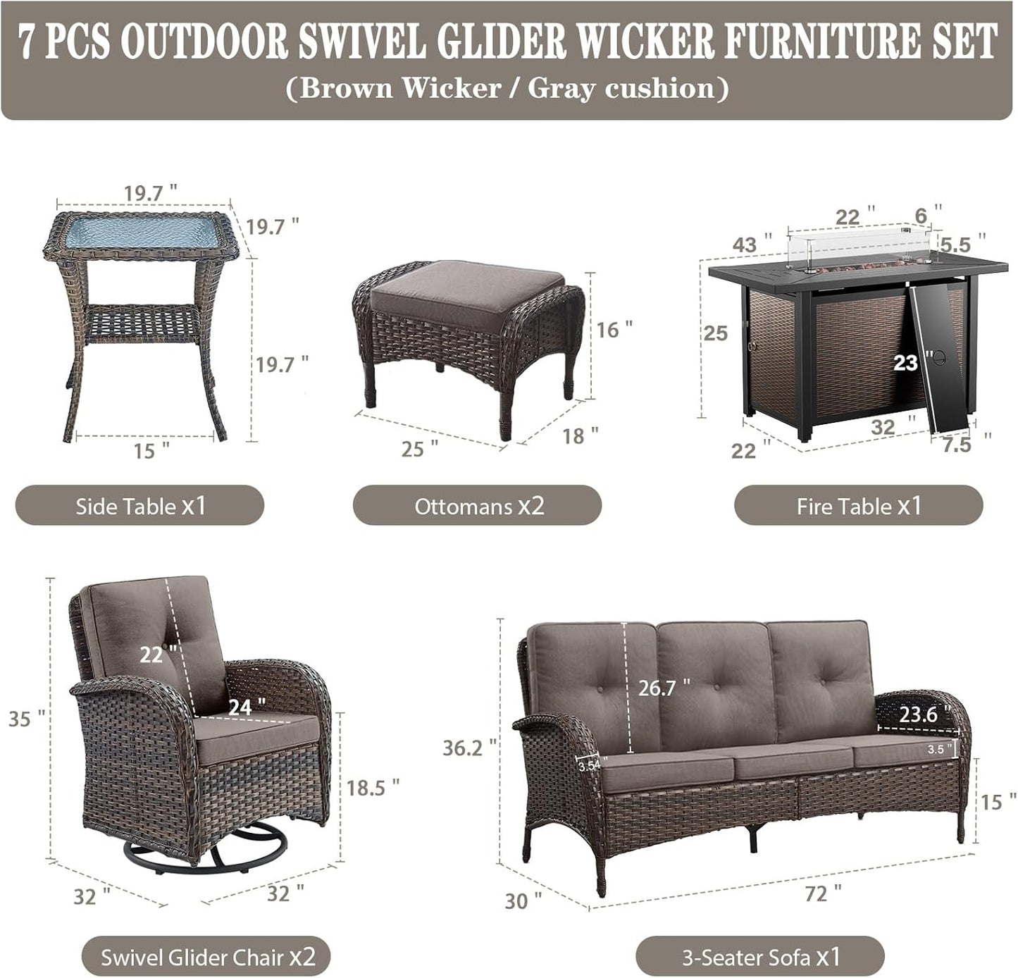 8 Piece Patio Furniture Set with 50000 BTU Propane Fire Pit Table, Outdoor Conversation Set with 2 Swivel Rocker Chairs Wicker Sofa and Ottomans for Casual Gatherings Grey