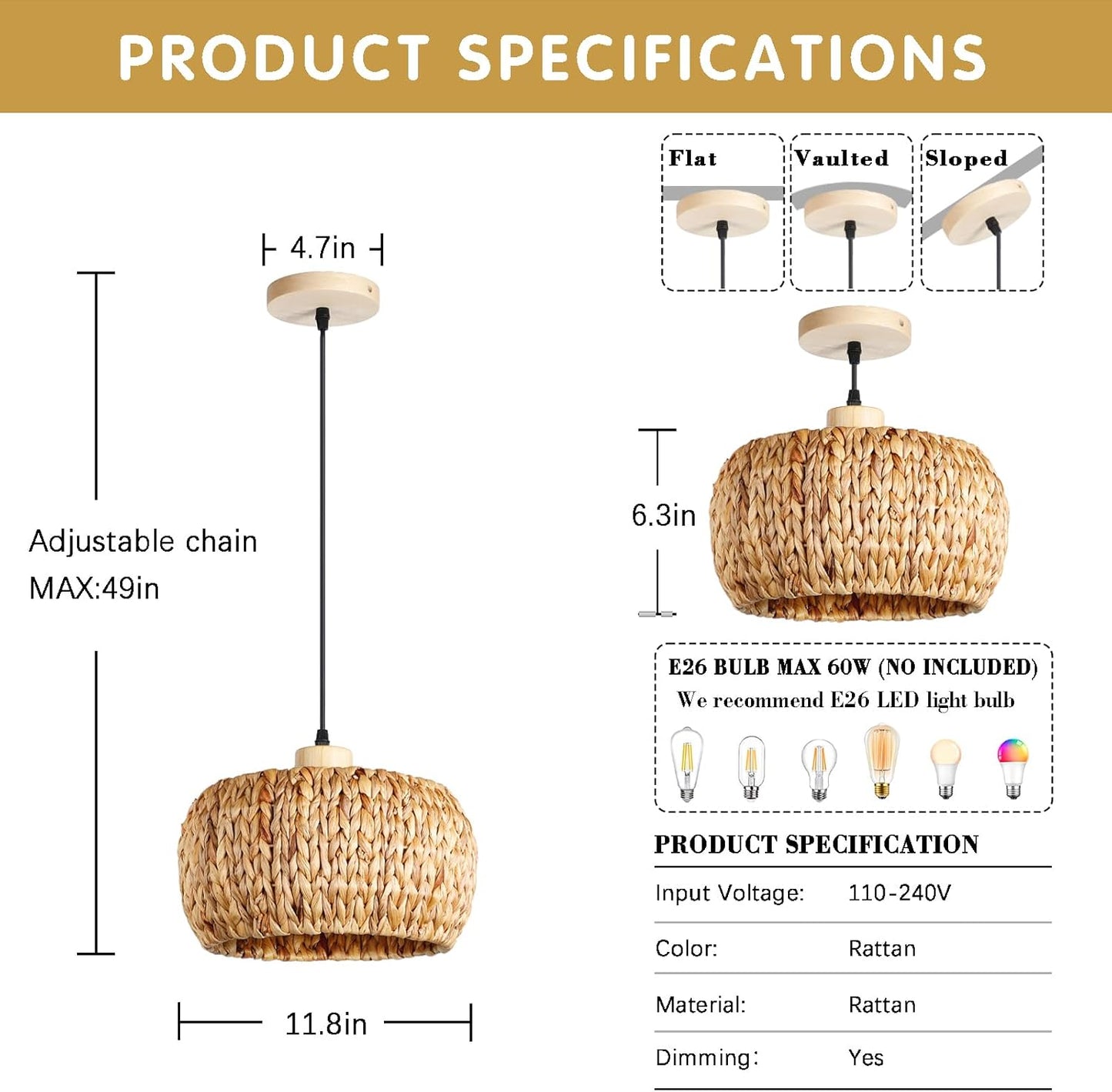 Boho Pendant Lights Kitchen Island, 11.8" Bohemian Rattan Hand-Woven Light Fixture Natural Seagrass Weaving Lighting Hanging Ceiling Chandelier for Restaurants Living Dining Room Farmhouse