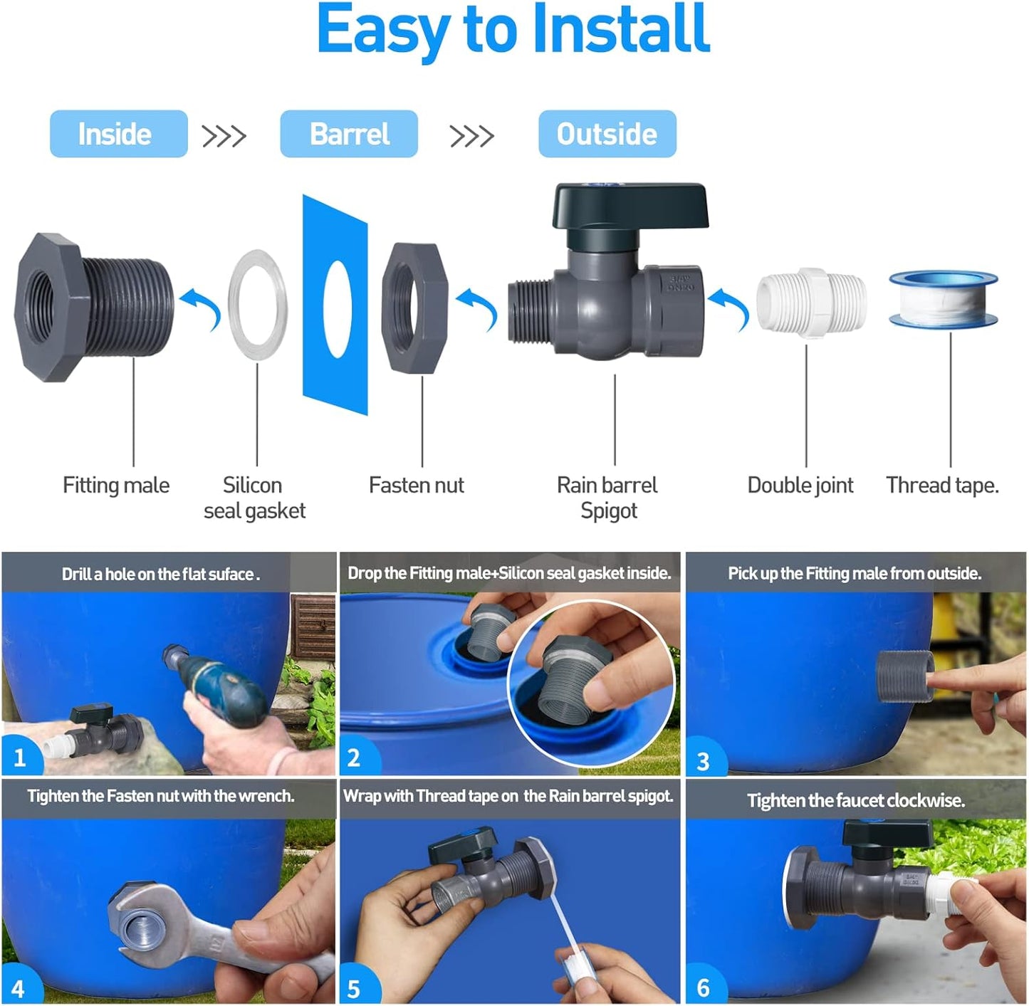 2 Pack Rain Barrel Spigot Kit - Suswillhit Water Barrel PVC Garden Diverter Kit with Bulkhead Fitting Hose Faucet Adapter and Thread Seal Tape for Water Tanks, Aquariums, Tubs, Pool, Garden Barrel
