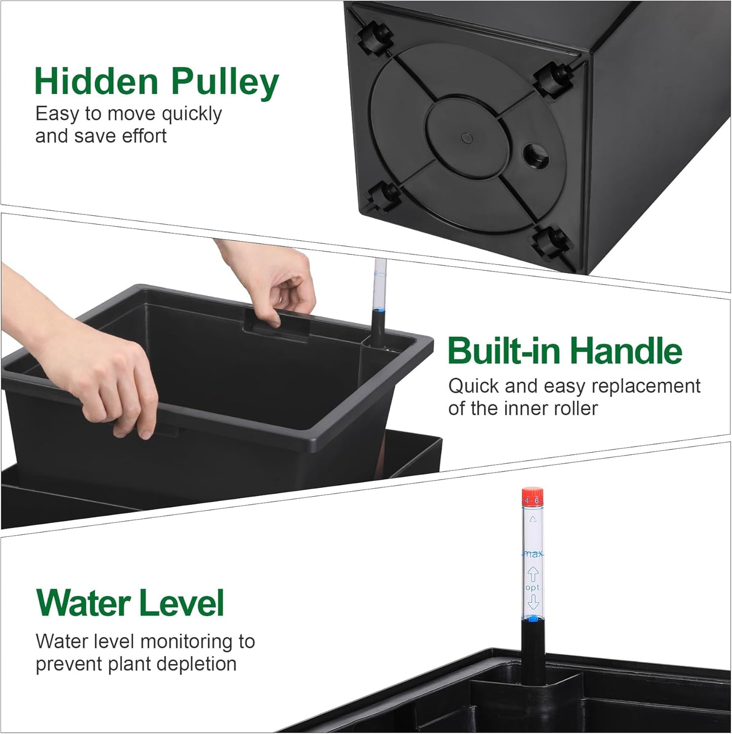 30" Tall Planters Set of 2, Outdoor＆Indoor Black Planter Pots, High Front Porch Planter Pots with Drainage Holes＆Water Level Monitor Movable Wheels ＆Inner Bucket, Automatic Watering,Black