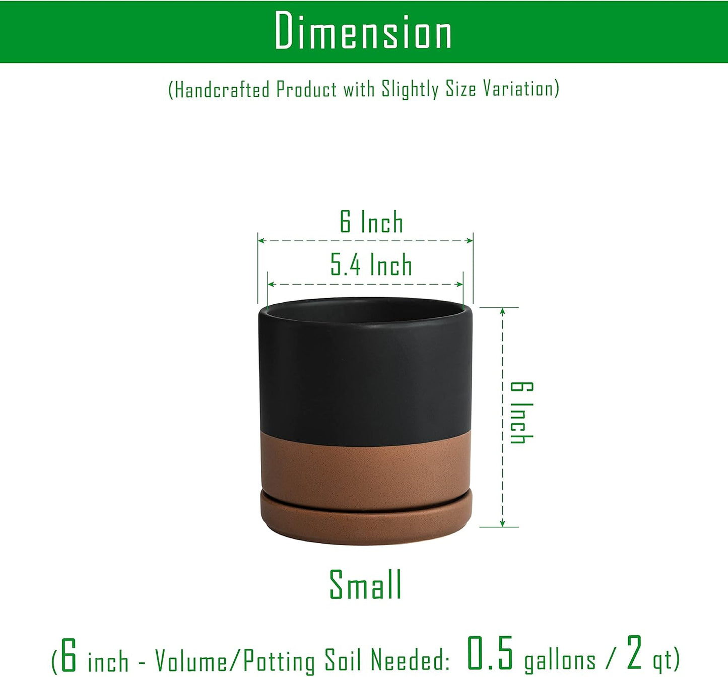 D'vine Dev 6 Inch Ceramic Planter Pot with Drainage Hole and Saucer, Indoor Cylinder Round Planter Pot, Black/Speckled Tan, 94-O-C-7