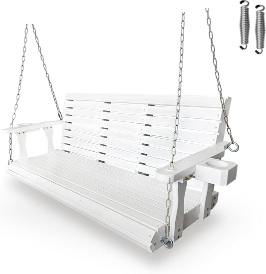 Wooden Porch Swing 3-Seater, High Backrest and Deep Seat, Bench Swing with Cupholders, Hanging Chains and 7mm Springs, Heavy Duty 880 LBS, for Outdoor Patio Garden (Pure White, 5 FT Extra Large)