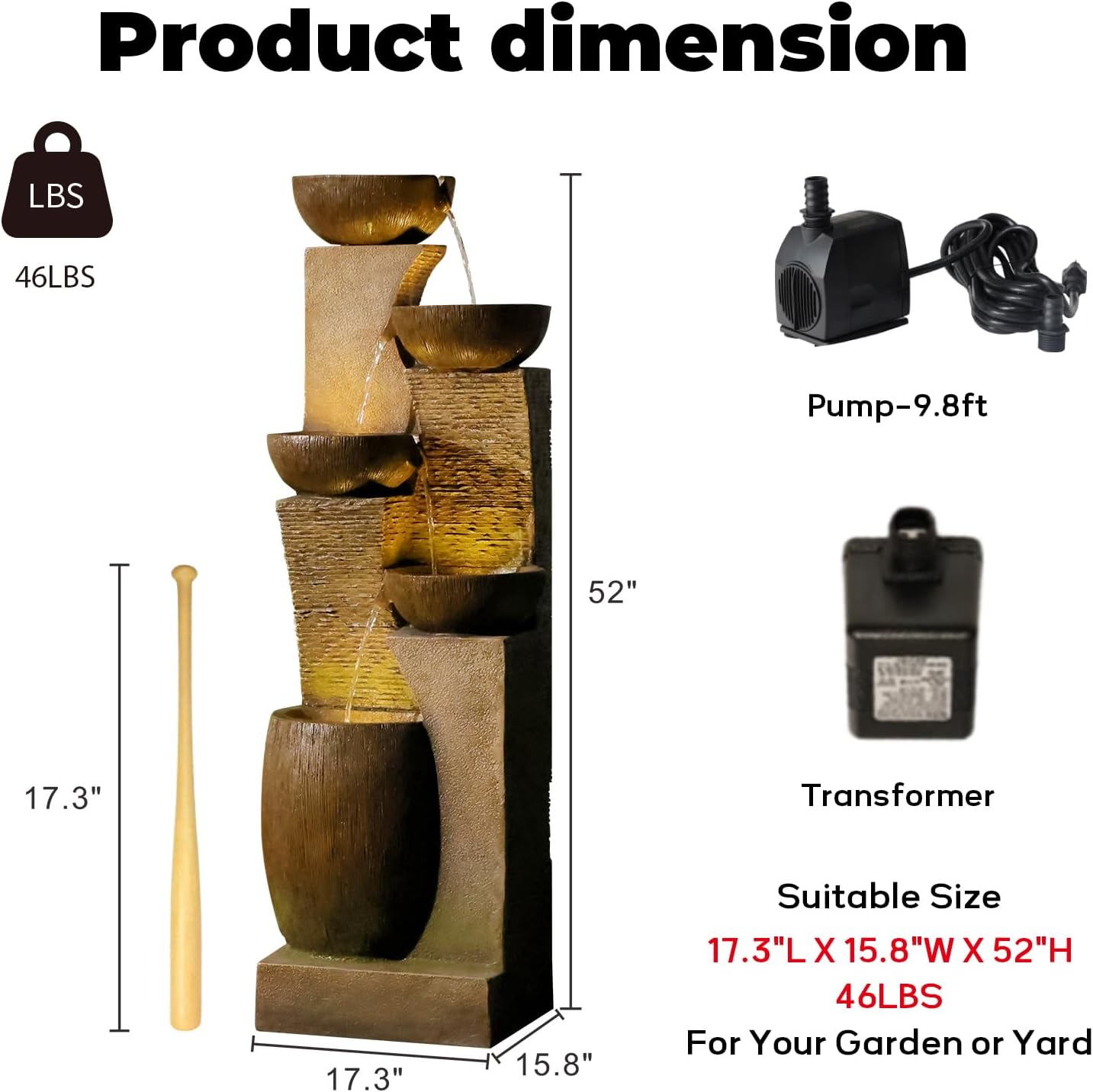 51.4" H Large Water Fountain Outdoor&Indoor, 5-Tiers Cascading Modern Feature Crocks Garden Fountains and Waterfalls with Warm Lights for Porch, Deck, Patio, Home Décor (Brown)