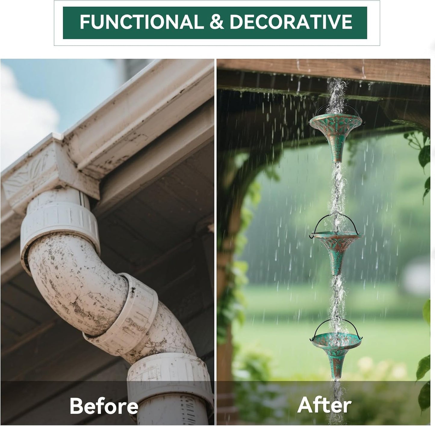 Bronze Funnel Rain Chain 8.6 FT, Decorative Metal Rain Catcher with 12 Cups, Gutter Downspout Replacement