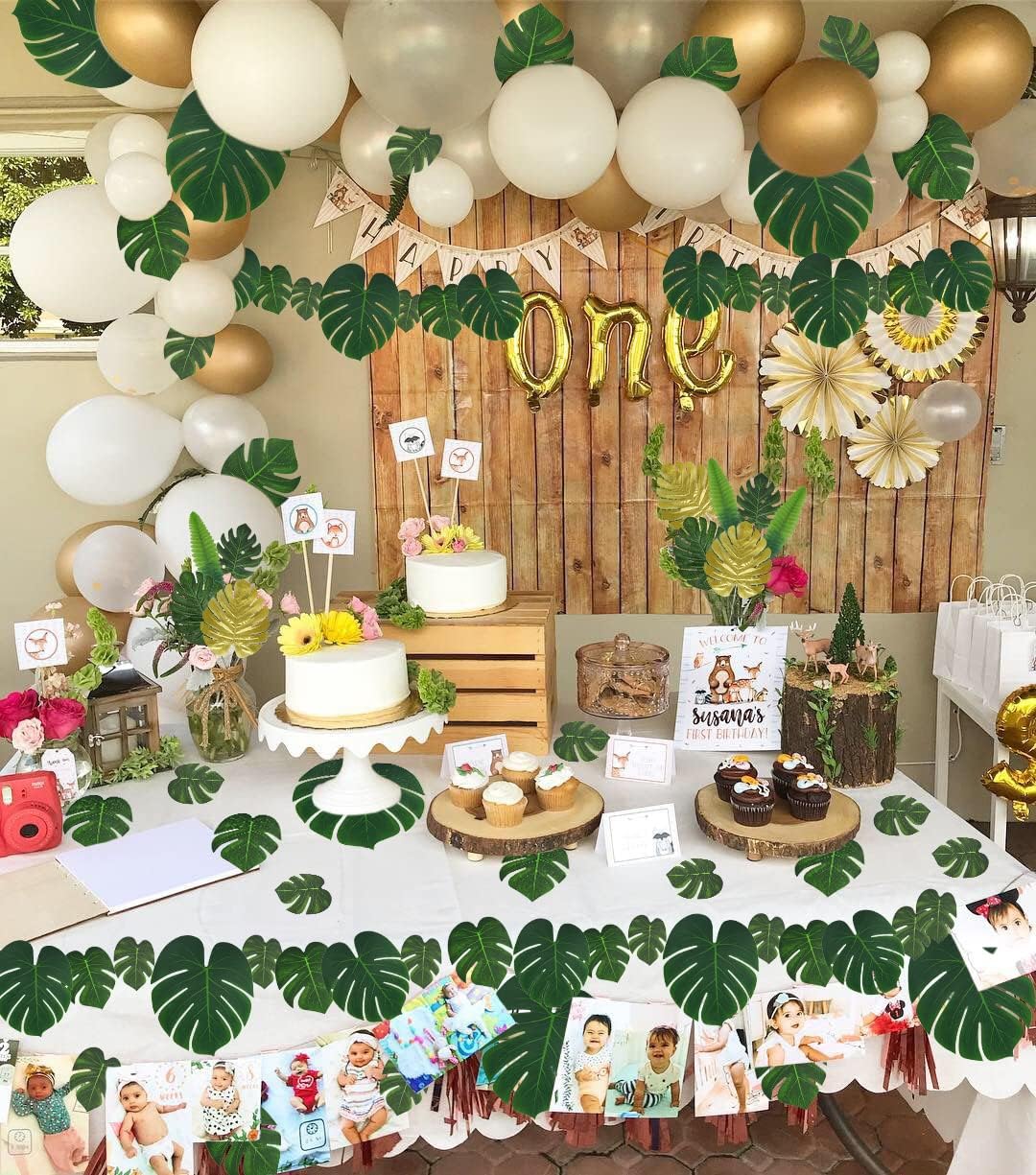 RECUTMS Artificial Tropical Palm Leaves 72Pcs 7 Kinds Green Gold Fake Monstera Leaf with Stem for Safari Jungle Hawaiian Luau Beach Baby Shower Wedding Birthday Party Table Summer Spring Decoration