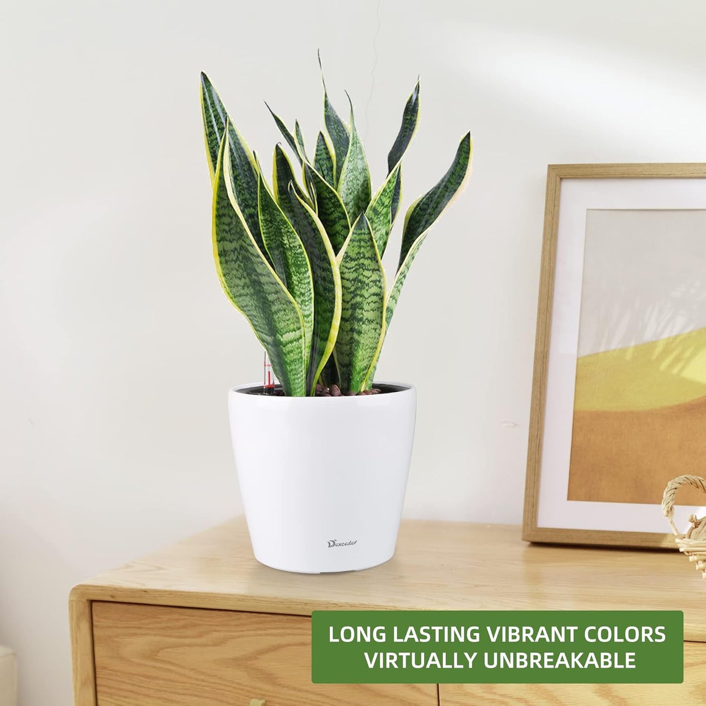 Dexceder 11x10 Inches High Gloss Self Watering Planter Indoor Outdoor, Inner Pot Design, Thickened Table Flower Plant Pot with Water Level Indicator (White)