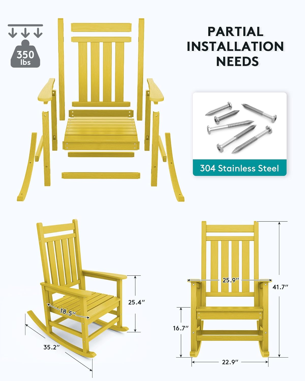 SERWALL HDPE Rocking Chair, Outdoor Rocking Chair for Adults, All Weather Porch Rocker for Lawn Garden, Yellow
