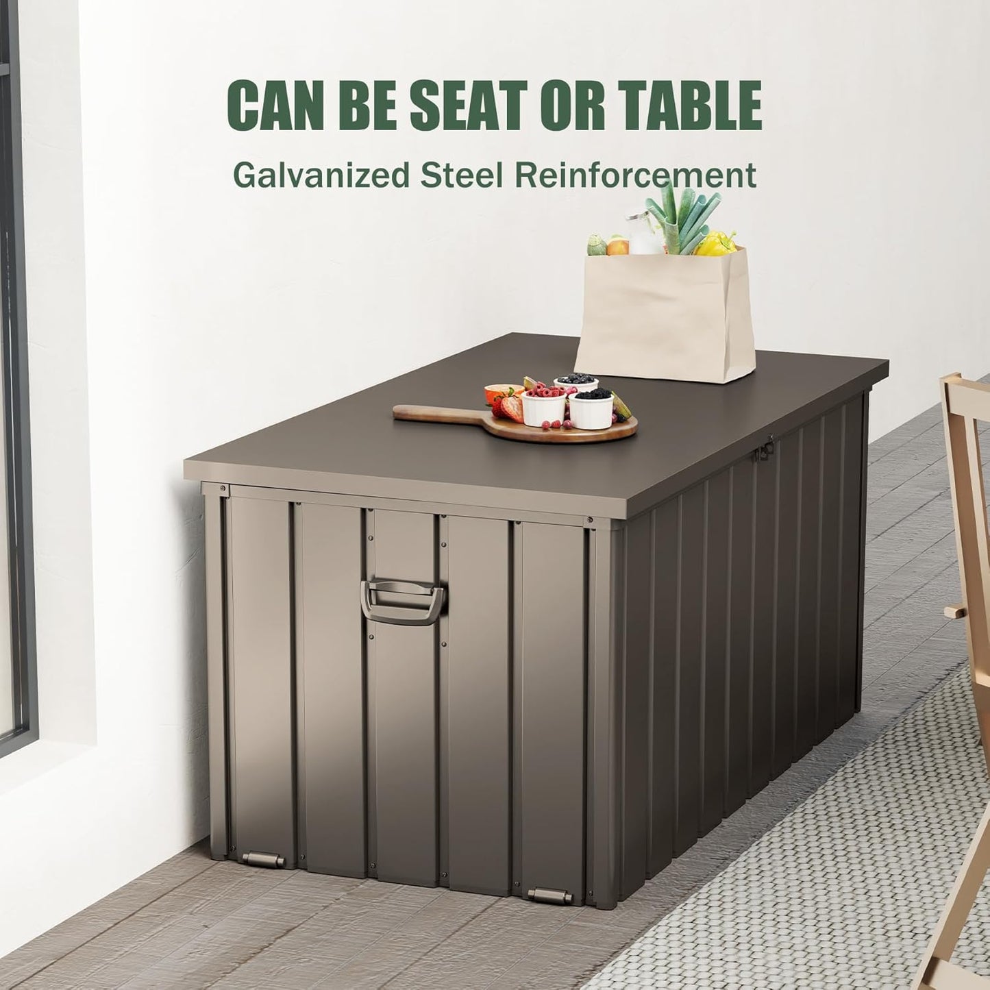 Domi Outdoor Storage Deck Box 120 Gallon, Waterproof Lockable Steel Outdoor Storage Container for Outside Cushions, Garden Tools and Pools Equipment, (Brown)