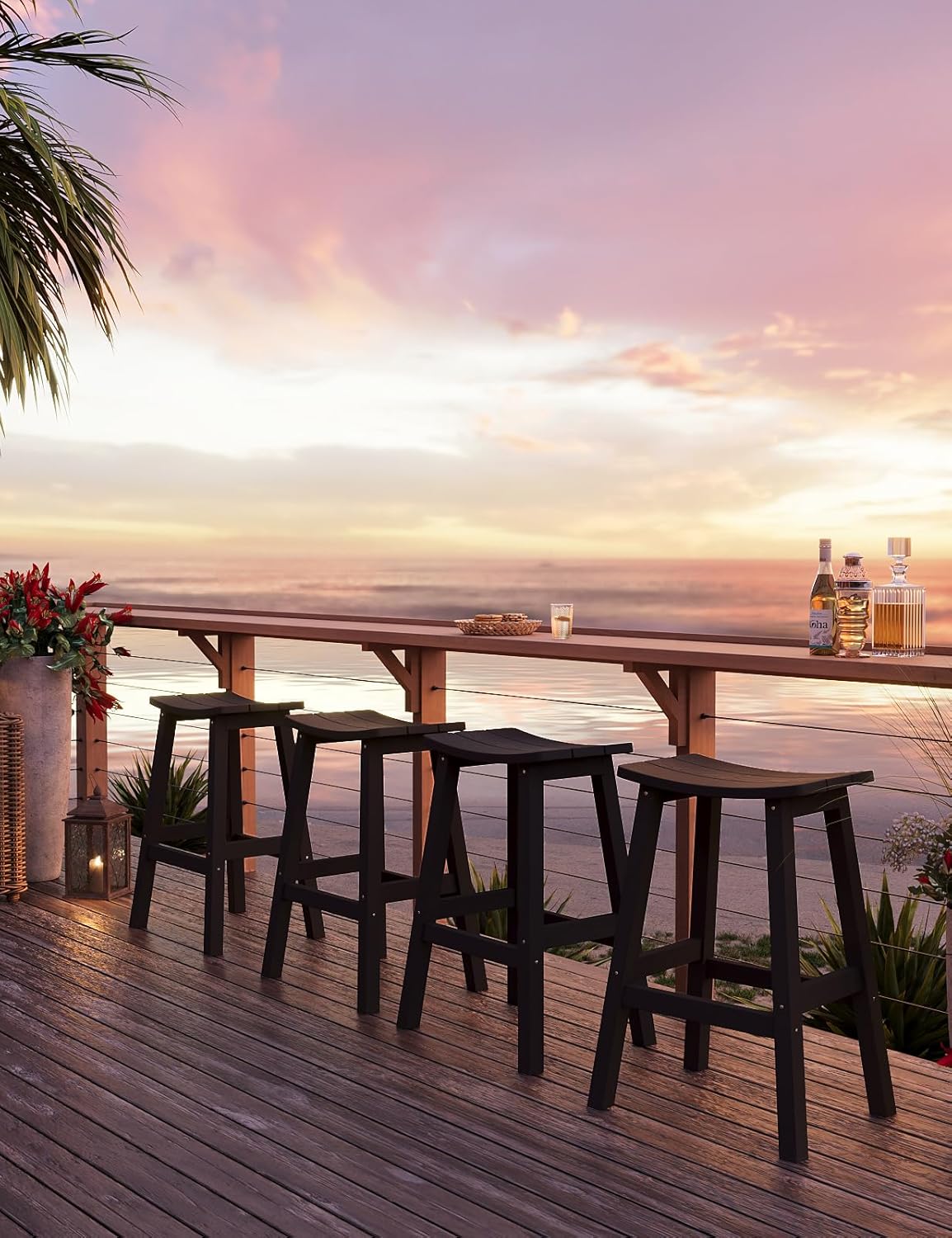 Weatherproof Bar Stools Set of 4, 28" Height Outdoor Bar Stools Holds up to 400 lbs, Saddle Seat, Bar Height Stools for Patio, Garden, and Kitchen Island, Black