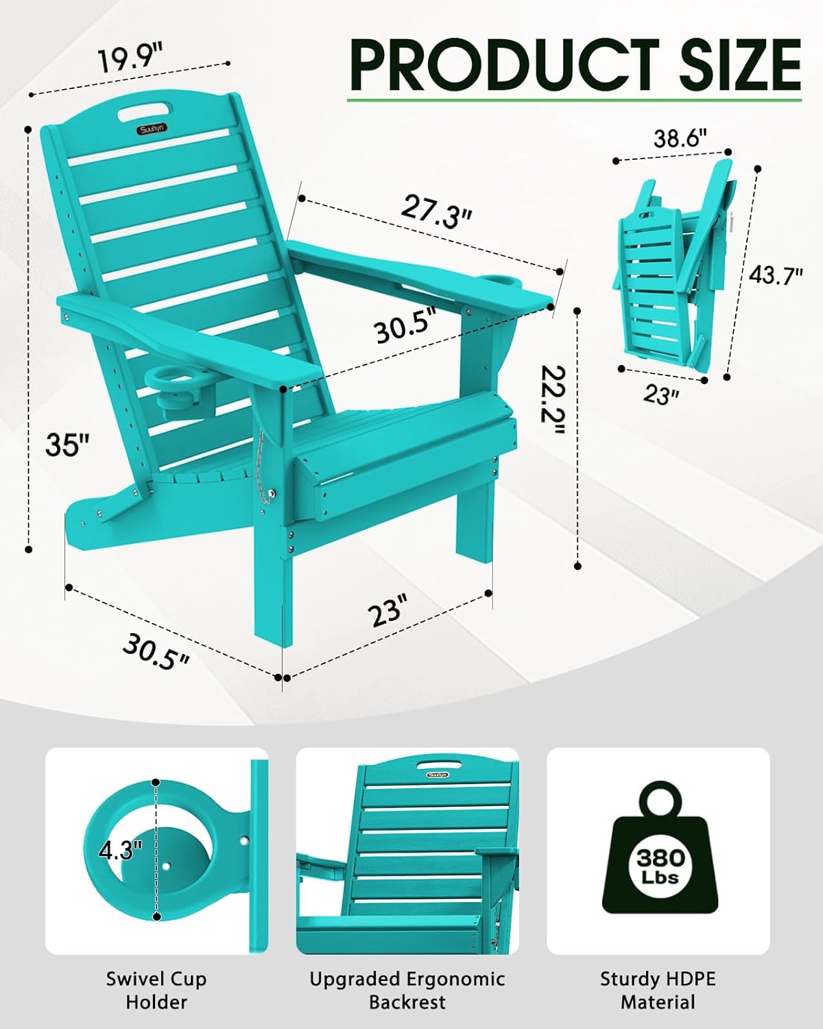 Folding Adirondack Chair HDPE All-Weather Adirondack Chairs with Cup Holder, Outdoor Fire Pit Chairs Lawn Chair for Deck Patio Garden (Lakeblue)
