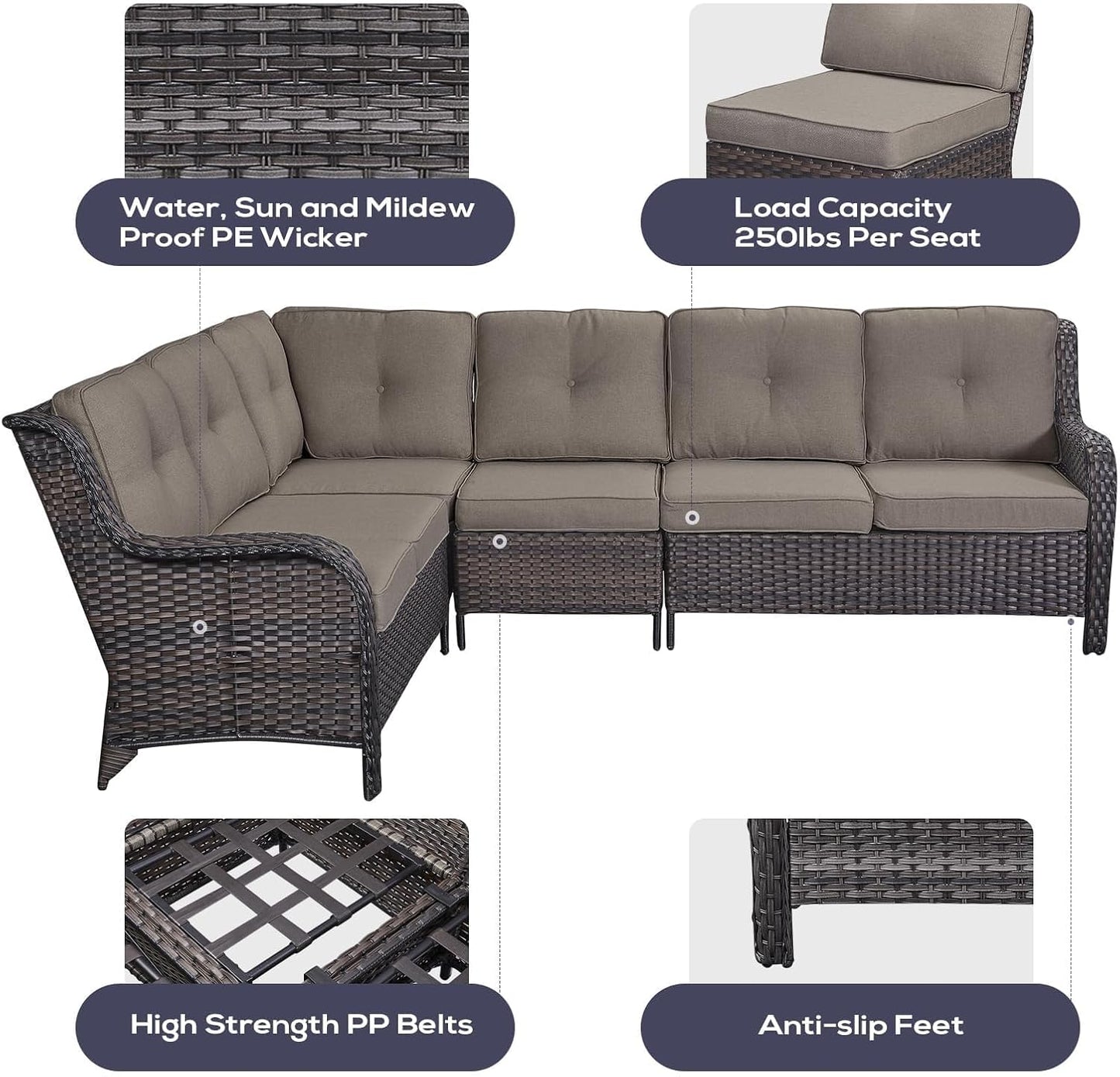 Outdoor Furniture Sectional Sofa L Shaped Couch - Patio Wicker Set with 2 Swivel Glider Chairs, 8 Piece Rattan Patio Conversation Sets with Gray Cushion for Deck Backyard Sunroom Grey Cushion