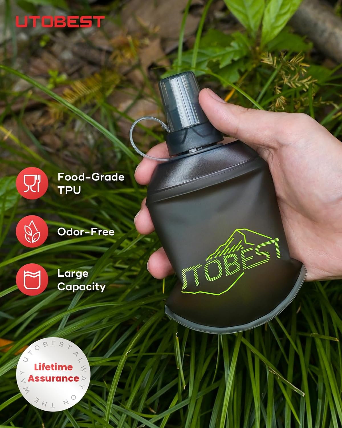 UTOBEST 150ml Soft Flask, 2 Pack Flexible TPU Hydration Water Bottle, Collapsible with 28mm Caliber for Running, Hiking, Cycling, Climbing, and Marathon Green