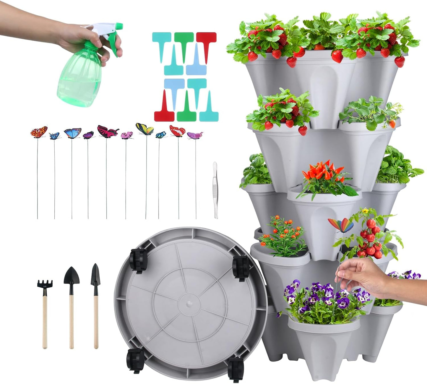 DUNCHATY Stackable Planter, Vertical Strawberry Planter with Garen Tool Set, Self Watering Garden Planter Indoor/Outdoor 5 Tier Herb Planter Pots for Growing Vegetables and Succulents, Gray