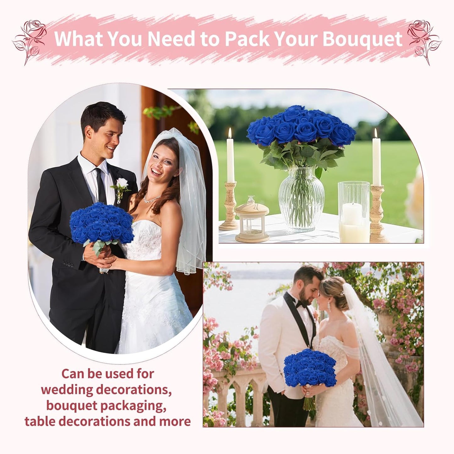 55 PCS Fake Roses Artificial Flowers Bulk, Blue Roses Bridal Bouquet Silk Faux Rose with Stems for Wedding Flowers Decoration, Valentine's Day, Bridal Bouquet, Anniversary,Home Decor(55PCS, Blue)