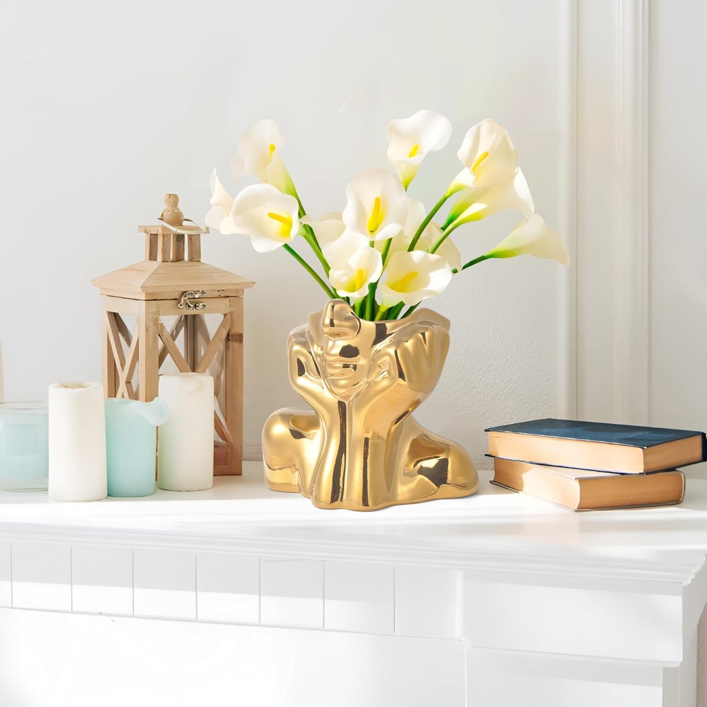 Gold Ceramic Human Face Decorative Vase - Shy Posture Modern Art Desktop Display for Bookshelf, Living Room, Office, Bedroom