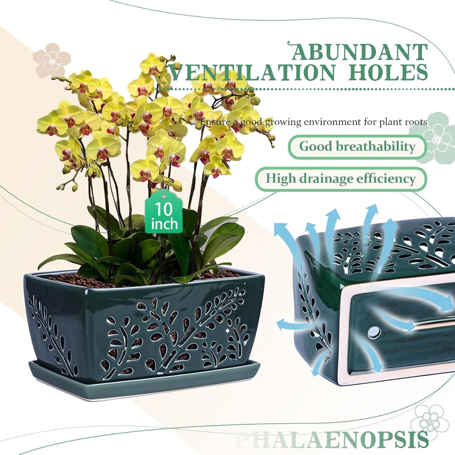 Ceramic Orchid Pot, 10 Inch Rectangular Orchid Pots with Holes, Premium Thickened Handmade Glazed Pot for Orchidaceae Plants, Indoor Outdoor Decorative Flower Pot for Easy Repotting