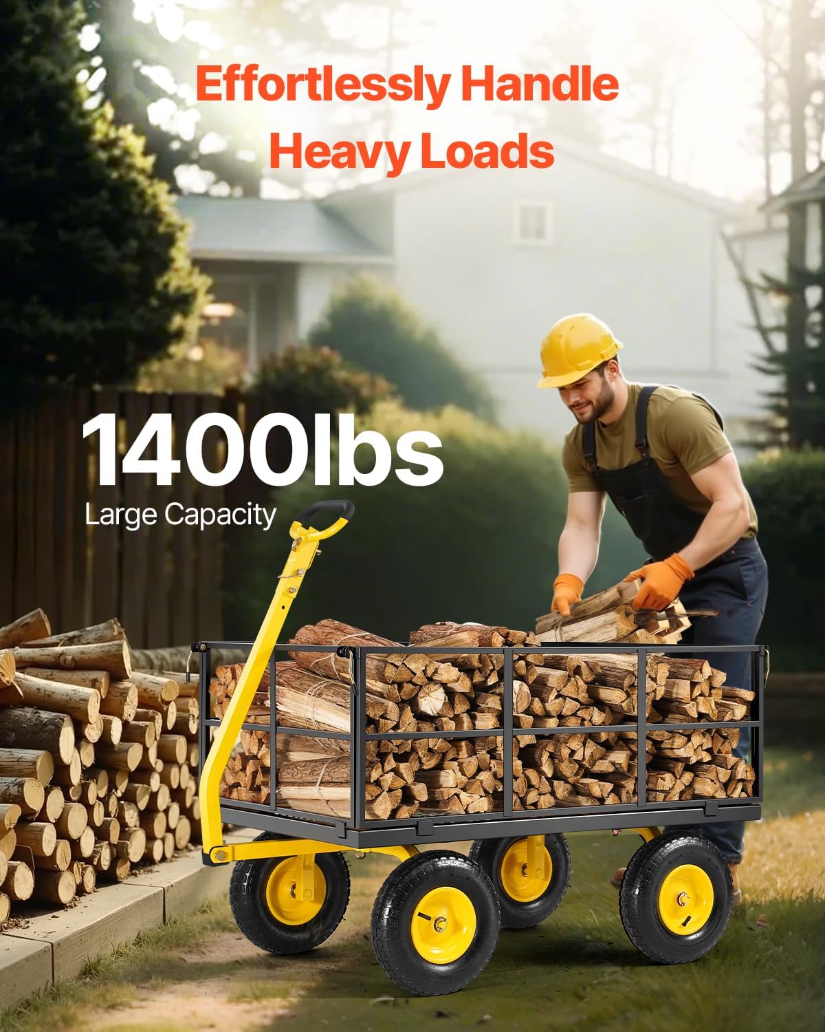 VEVOR 1400 Lbs Steel Garden Cart, Heavy Duty Pullable Garden Wagon Yard Cart, 2 in 1 Outdoor Metal Utility Wagon Yard Trailer with 13" All Terrain Tires, Mesh Removable Sides and 180°Rotating Handle