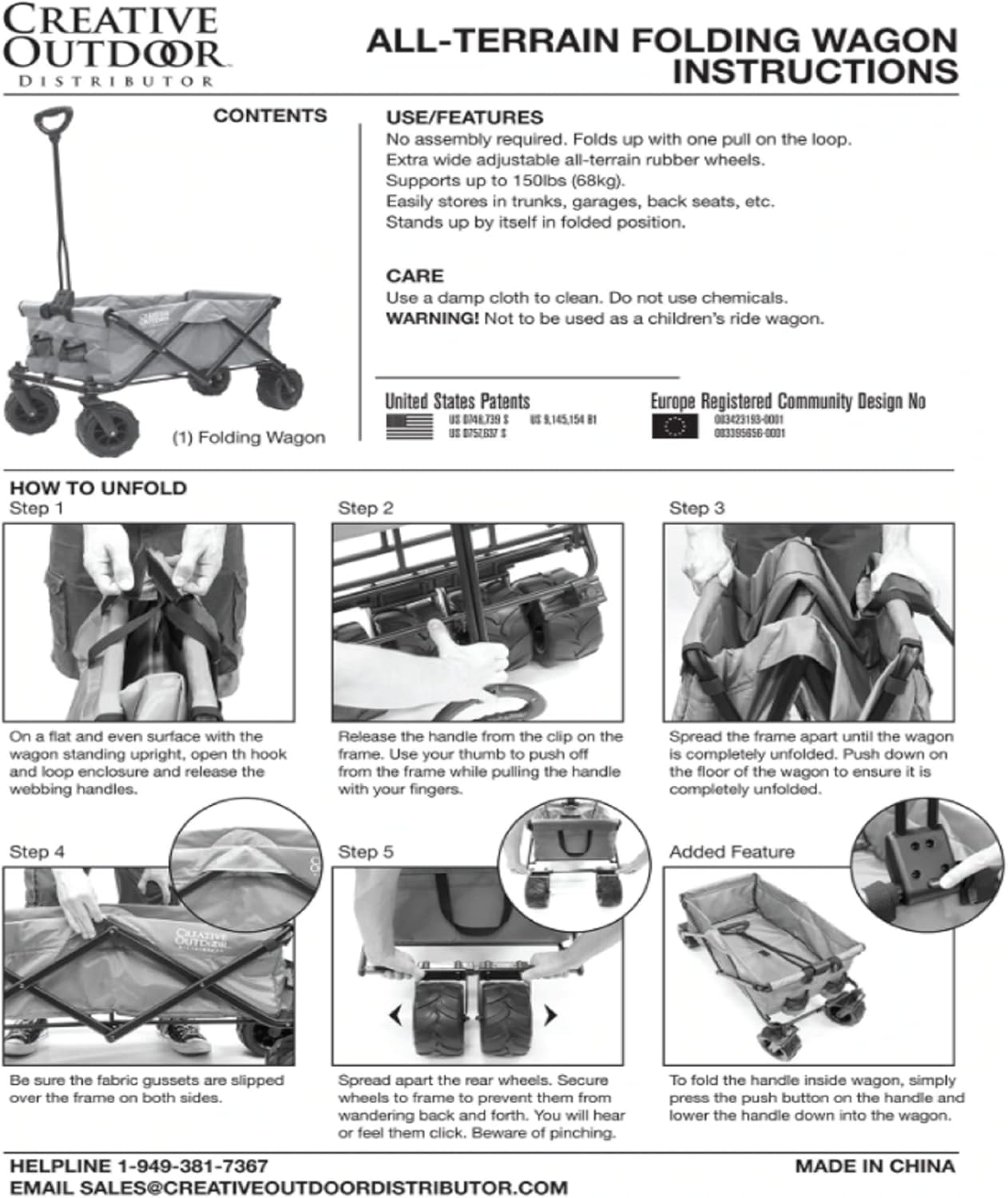 Creative Outdoor Push Pull Hauler Wagon for Kids, 200lbs Weight Capacity, Rubber Wheels, All-Terrain Collapsible and Portable Folding Cart for Garden, Tailgate, Camping, Park, Beach Trips