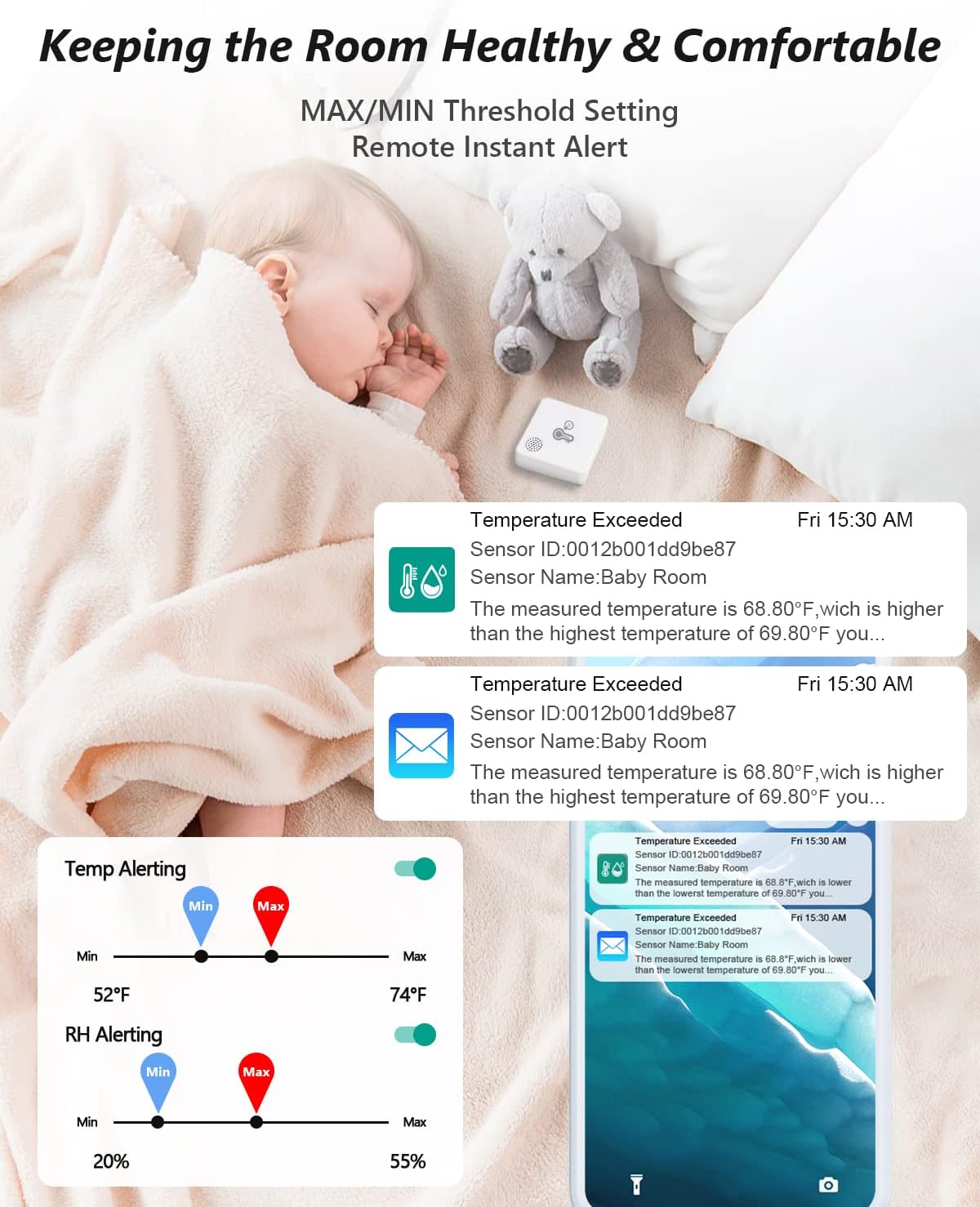 WiFi Room Thermometer Hygrometer, Remote Email App Alert, 2 Years Data Export, 2 Years Battery, No Subscription, 3 Smart Temperature Sensors for RV, Greenhouse, Vacation Home, HVAC
