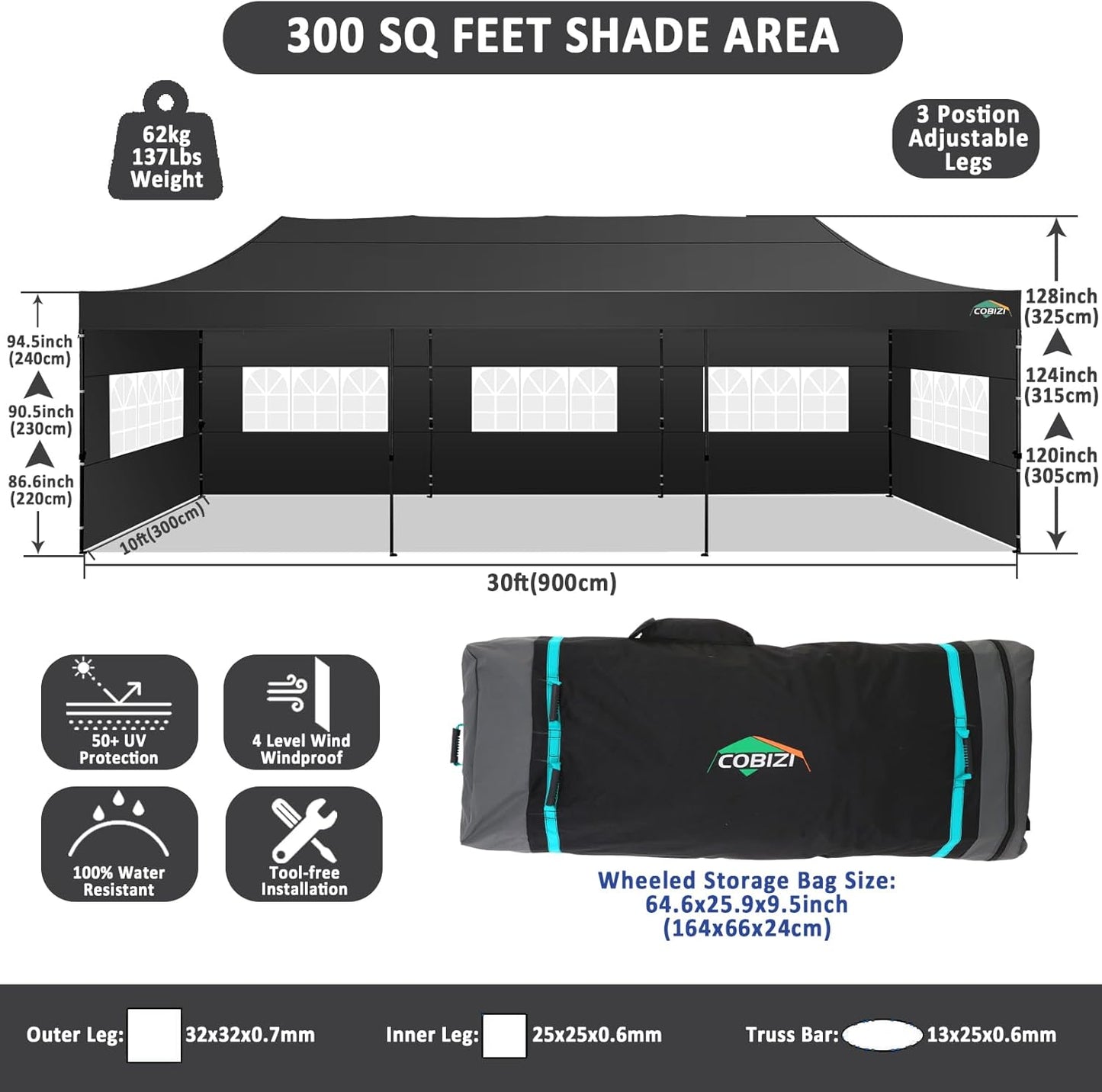 COBIZI 10x30 Pop Up Canopy with 8 Sidewall,Heavy Duty UPF 50+ All Season Wind Waterproof Commercial Outdoor Wedding Party Tents for Parties Canopy Gazebo with Roller Bag(10 x 30 ft Black)