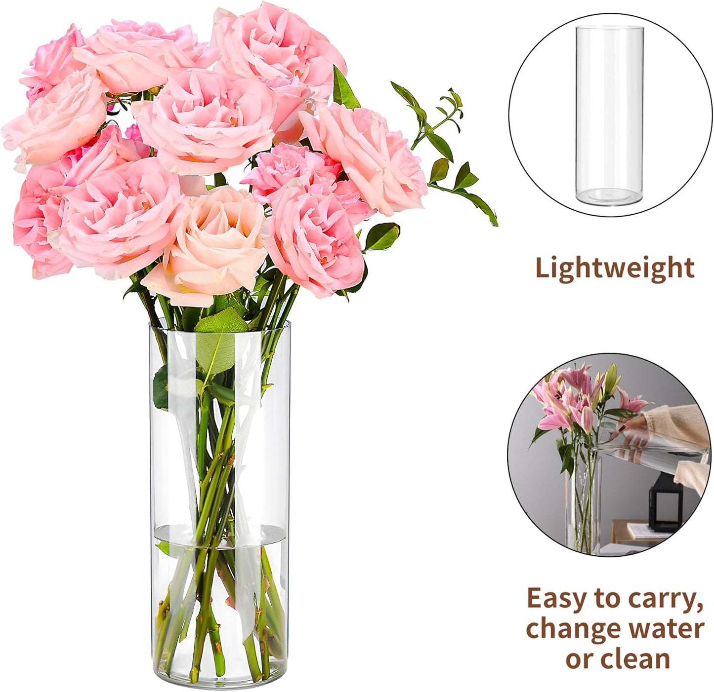 Clear Flower Vase, Non-breakable Vases, 5" W x 5" H, Acrylic Vase, Aesthetic Room Decor Cylindrical Modern Flower Vases for Table Centerpiece, Home Decor, Women Floral Arrangement Gift