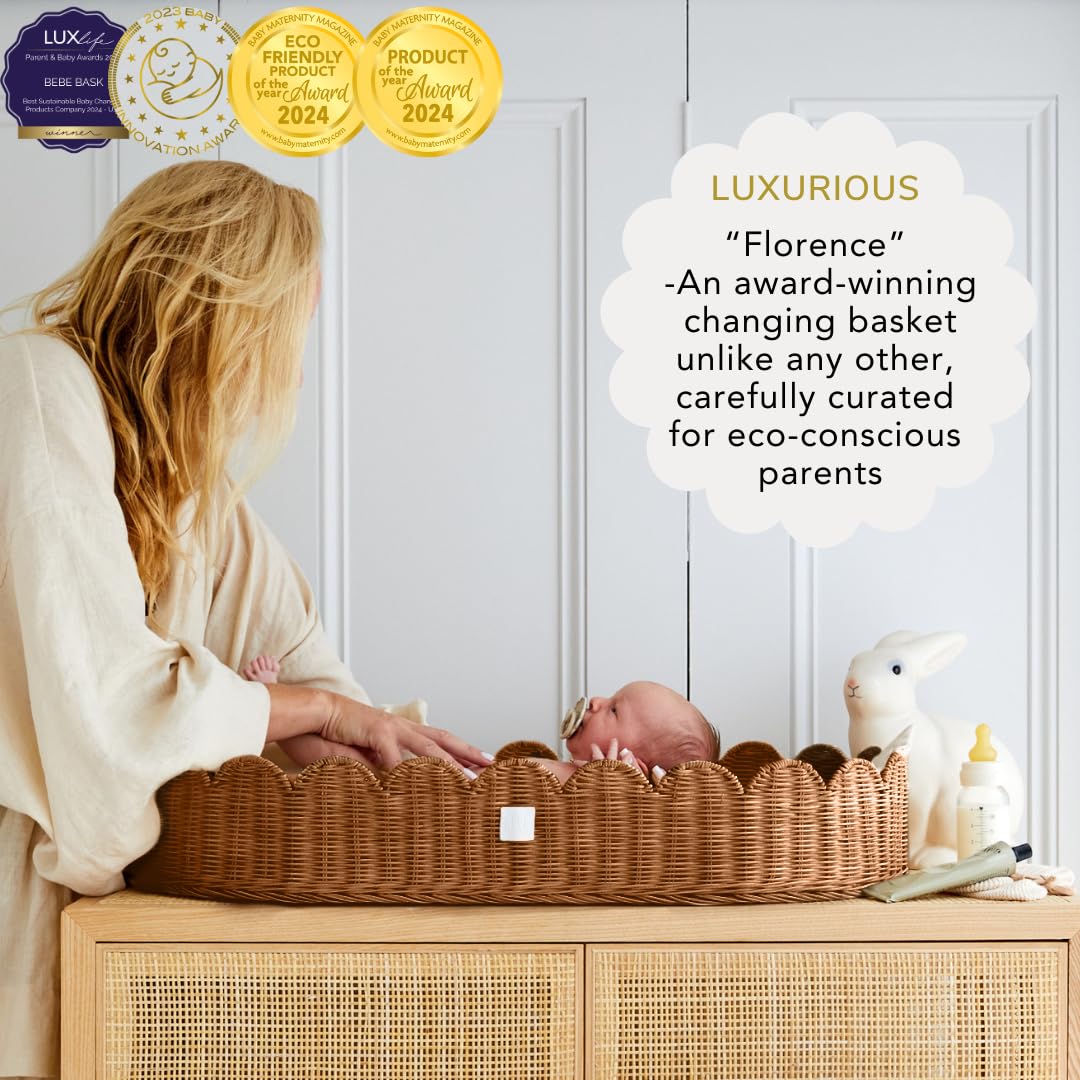 BEBE BASK Premium Baby Changing Basket - Artisan-Crafted Scalloped Rattan - Changing Basket for Baby Dresser - All Accessories Included - Complete Set for Nursery (Mocca)