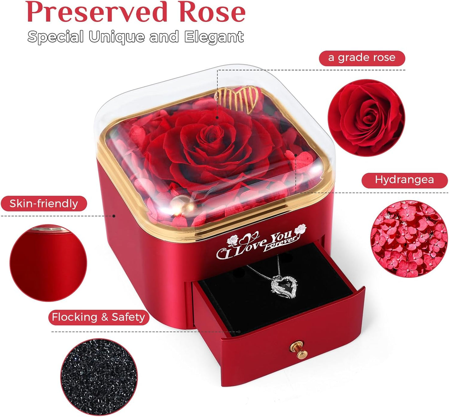 Mikasol Preserved Rose & Heart-Shaped Necklace with Jewelry Box - Preserved Rose, Ideal Romantic Gift for Women, Anniversary, Valentines, Red, 4.9"x4.5"x4.2"