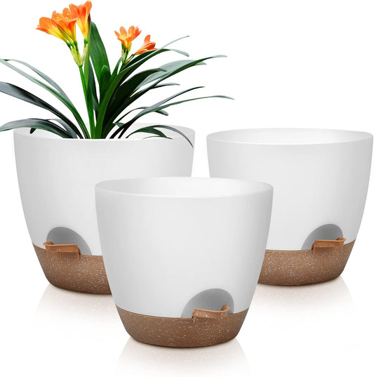 Plant Pots 10/9/8 Inch Self Watering Pots, Set of 3 Plastic Planters with Drainage Holes and Saucers,Plastic Flower Pots,Nursery Planting Pot for Indoor Out Door Plants（White）