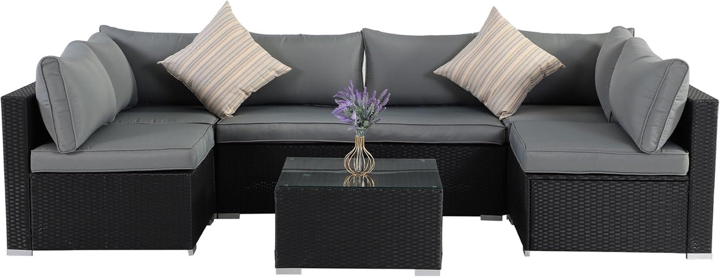 7-Piece Patio Furniture Set - Outdoor Sectional Sofa Set with Cushions and Glass-Top Coffee Table for Gardens, Poolside, Backyards and Porches, Black/Grey
