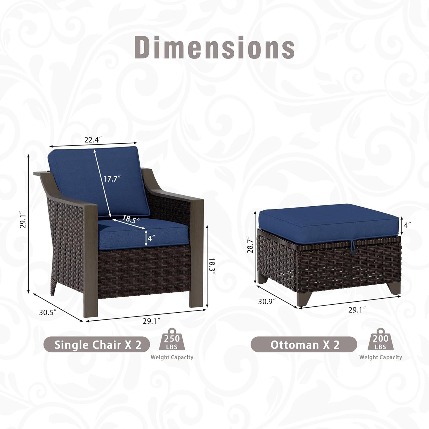 4 Piece Wicker Patio Conversation Set, All-Weather Use Outdoor 2 PE Rattan Chair, 2 Ottoman, Removable Water-Resistant Cushion, Ideal for Porch, Backyard, Balcony, Poolside, Blue