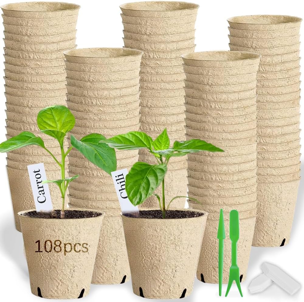 108pcs Peat Pots for Seedling 3.15" Biodegradable Plant Nursery Pots Seed Starting Pots with Drainage Holes, 30 Plant Labels, 2 Transplant Tools