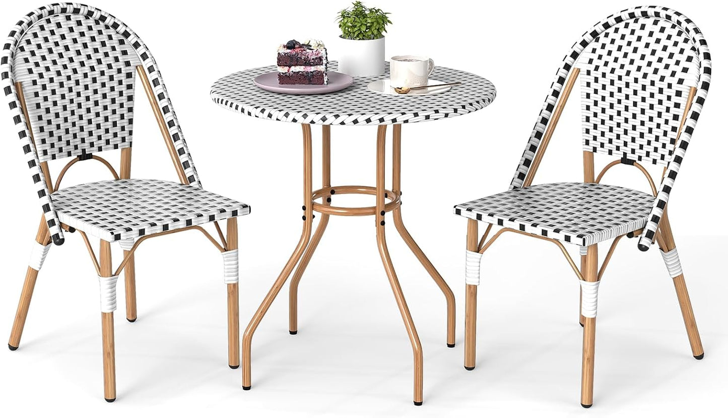 Tangkula 3 Piece French Bistro Table Chair Set, Outdoor Wicker Round Table & 2 Dining Chairs with Metal Support, Outside Accent Dining Furniture Set for Garden, Balcony, Porch