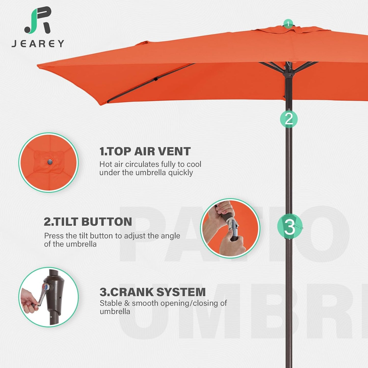 JEAREY 6.5x10 ft Rectangular Patio Umbrellas Outdoor Market Umbrella with Push Button Tilt and Crank, Rectangle Table Umbrella 6 Sturdy Ribs UV Protection for Pool Garden Backyard Deck, Orange