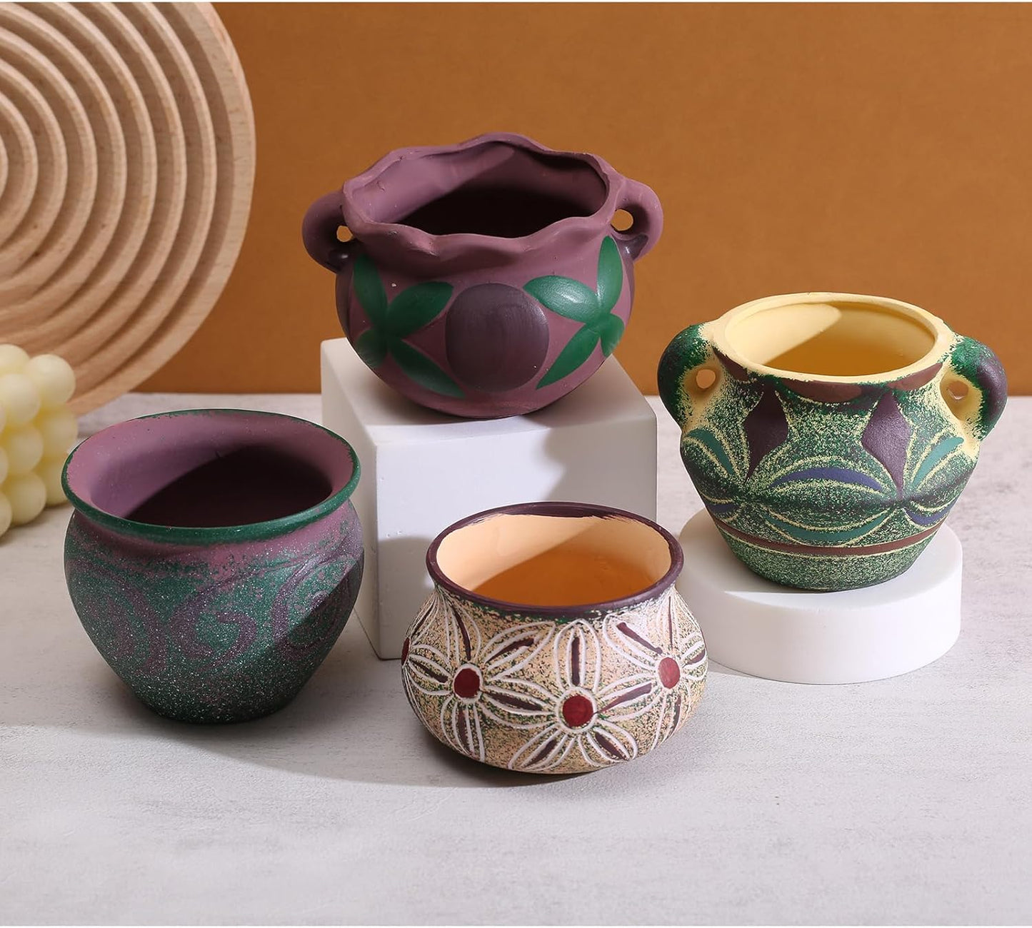 4 Piece Ceramic Plant Pots Indoor Pots Set with Drainage Holes, Rustic Colorful Decorative Flower Pots for Indoor&Outdoor Little Plants, Cute Cactus/Bonsai Plant Pots
