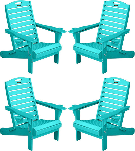 Adirondack Chairs Set of 4, Outdoor Fire Pit Chairs, HDPE All-Weather Adirondack Chairs with Cup Holder, Lawn Chair for Deck, Patio, Garden (Lakeblue)