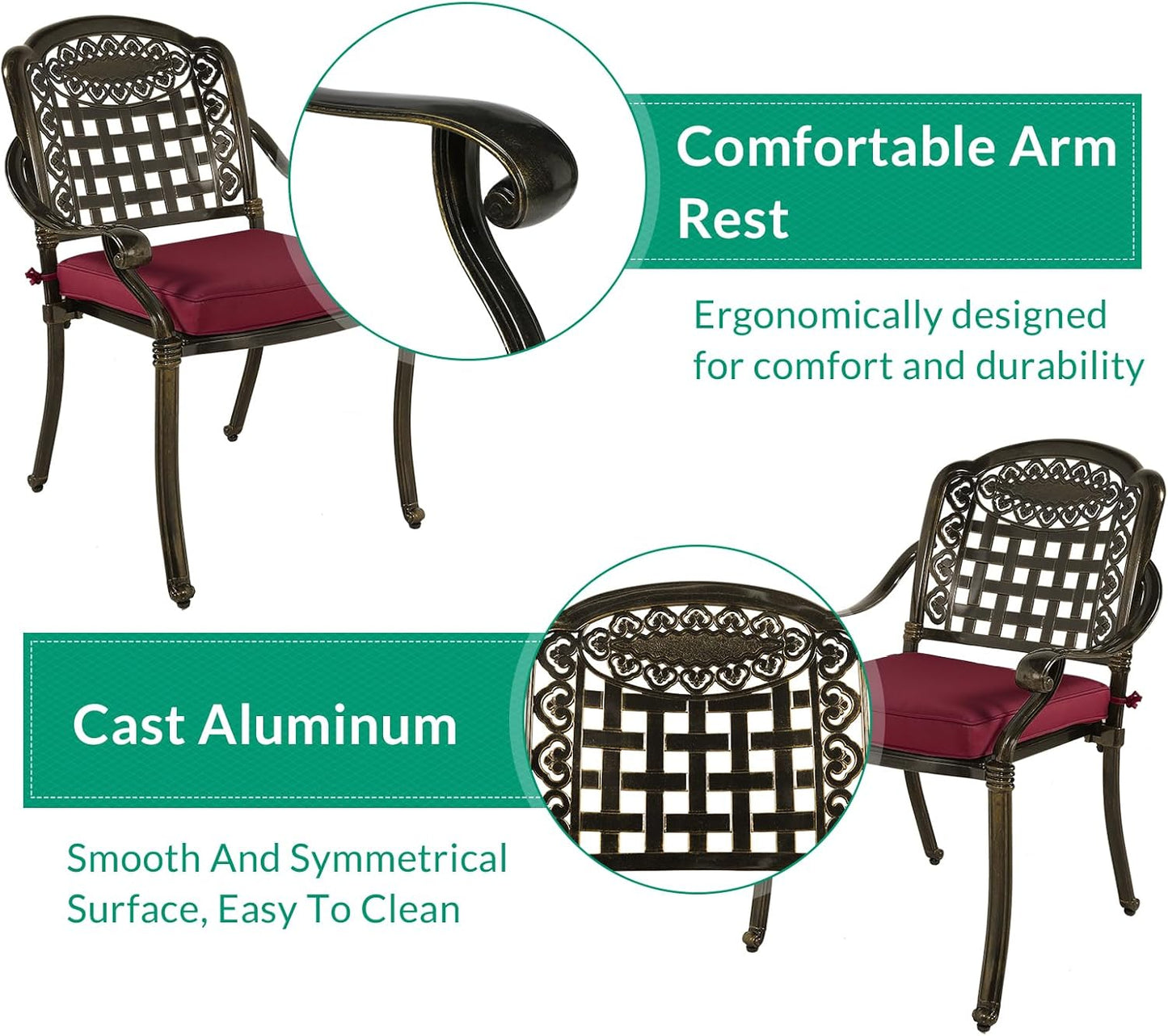 VIVIJASON 3-Piece Outdoor Patio Bistro Set, All-Weather Cast Aluminum Furniture Dining Sets Include 2 Cushioned Chairs and 31" Round Table w/Umbrella Hole for Balcony, Garden, Backyard, Red Cushion