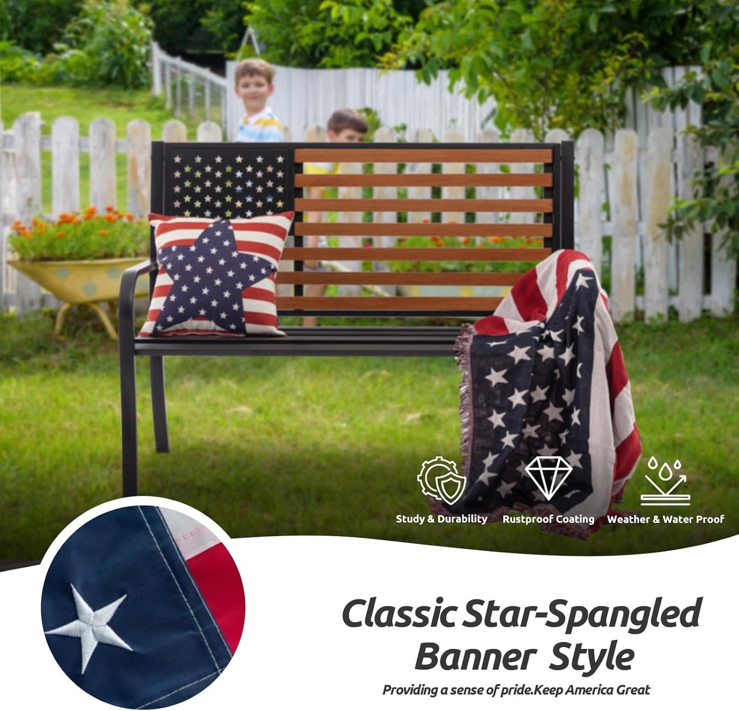 𝐀𝐭𝐭𝐥𝐢𝐚𝐬𝐚𝐥𝐨𝐧 50” Outdoor Bench Garden Bench with American Flag Style, Sturdy Cast Iron Metal Frame Patio Park Bench for Porch Yard Lawn Deck Park