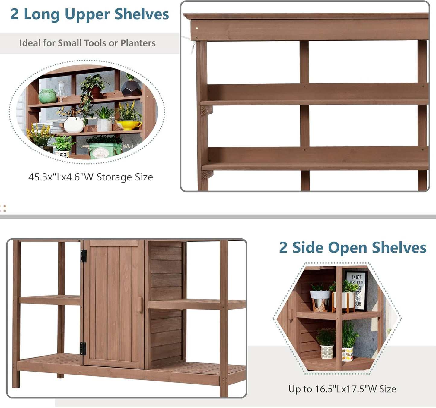 Merax 66" Large Outdoor Farmhouse Wooden Potting Bench Table, Garden Workstation with 2 Drawers, Cabinet, and Open Shelves for Backyard, Mudroom, Brown