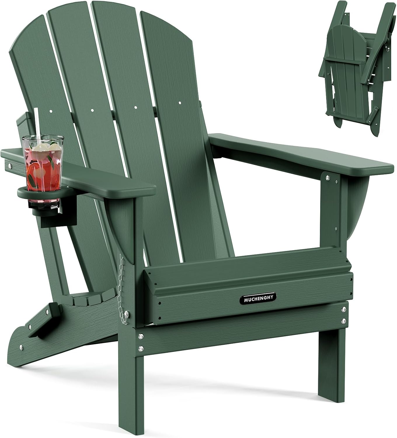 MUCHENGHY Folding Adirondack Chairs, Patio Chairs, Lawn Chairs, Outdoor Chairs, Adirondack Chair Plastic, Fire Pit Chairs, Weather Resistant with Cup Holder for Deck, Backyard, Garden(Green)