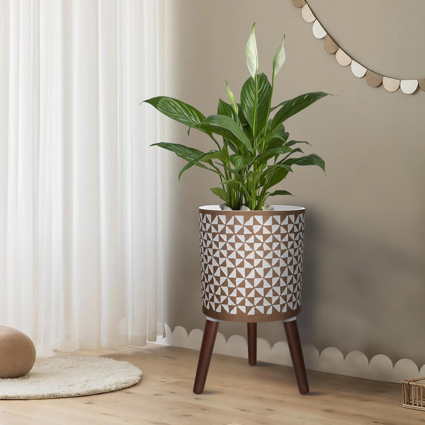 12 Inches Plant Pot with Stand, Large Modern Standing Planters for Indoor Outdoor Plants with Drainage Holes, Big White & Gold Flower Pots with Legs