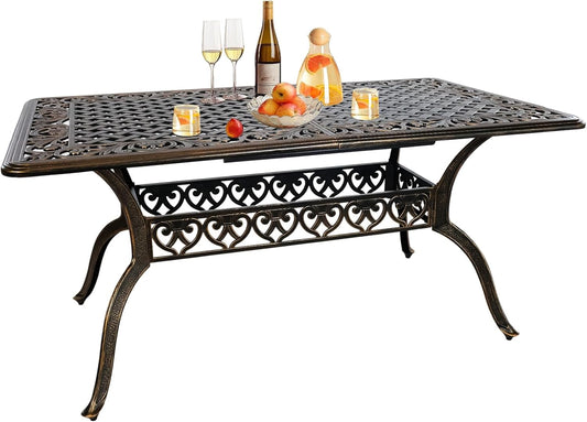 Rectangle Patio Table 59" Cast Aluminum Patio Dining Table with 2.56" Umbrella Hole, Weather-Resistant Outdoor Dining Table for 6-8 Person, Balcony Garden Table 59" x 35.5" x 29", Bronze