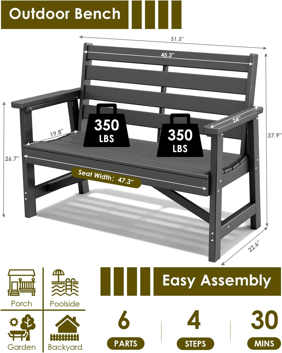 GREENVINES Outdoor Bench | 51.5’’ | HDPE | Garden Benches | Weatherproof | for Outdoors Patio Park Porch Outside Backyard | 2-Person | Black
