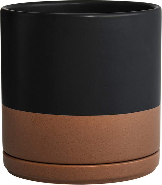 D'vine Dev 8 Inch Ceramic Planter Pot with Drainage Hole and Saucer, Indoor Cylinder Round Planter Pot, Black/Speckled Tan, 94-O-D-7